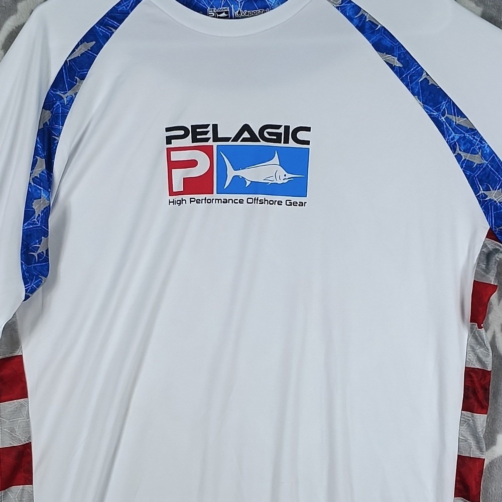 Pelagic VaporTek Fishing Shirt Men L White American Flag UPF 50 Long Sleeve - Picture 7 of 10